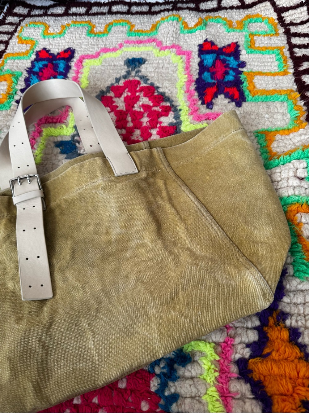 Zara Olive Canvas Tote Bag‎ Cream Buckle Strap - Picture 9 of 9